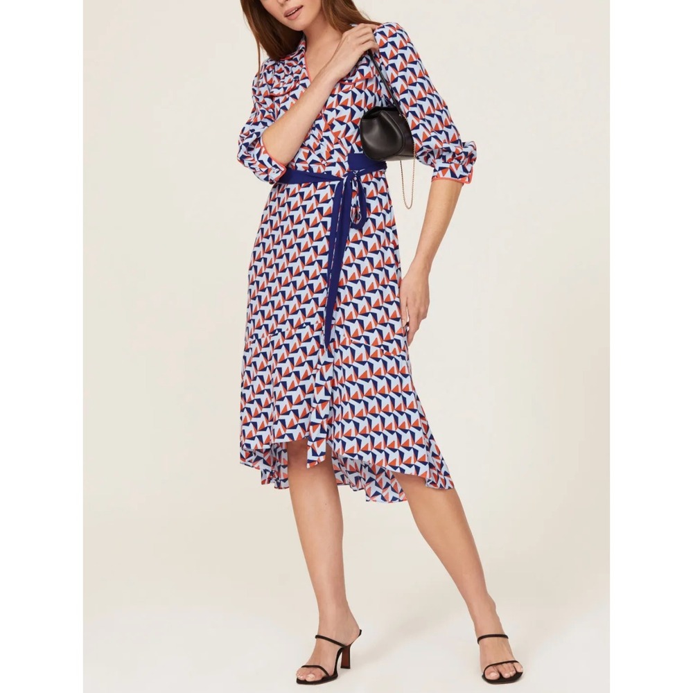Diane von Furstenberg Geometric True Wrap Midi Dress Orange Blue 4 Hi-Lo‎